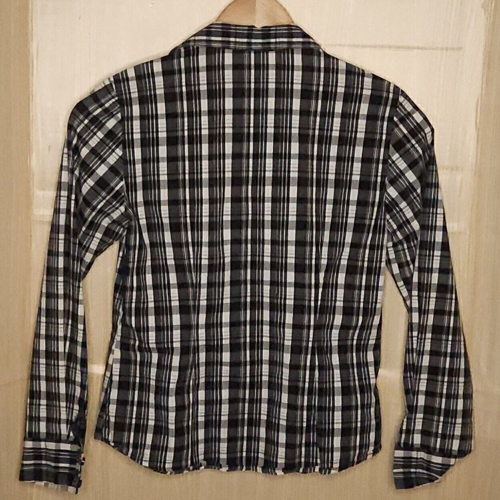 Spense Black White Plaid Ruffle Front Button Down Small - Picture 2 of 5